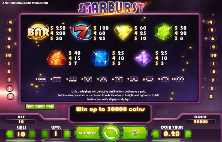 All the information you need to play Starburst from NetEnt in the paytable.  Wild 24 Casino invites you to come play at www.wild24.co.uk